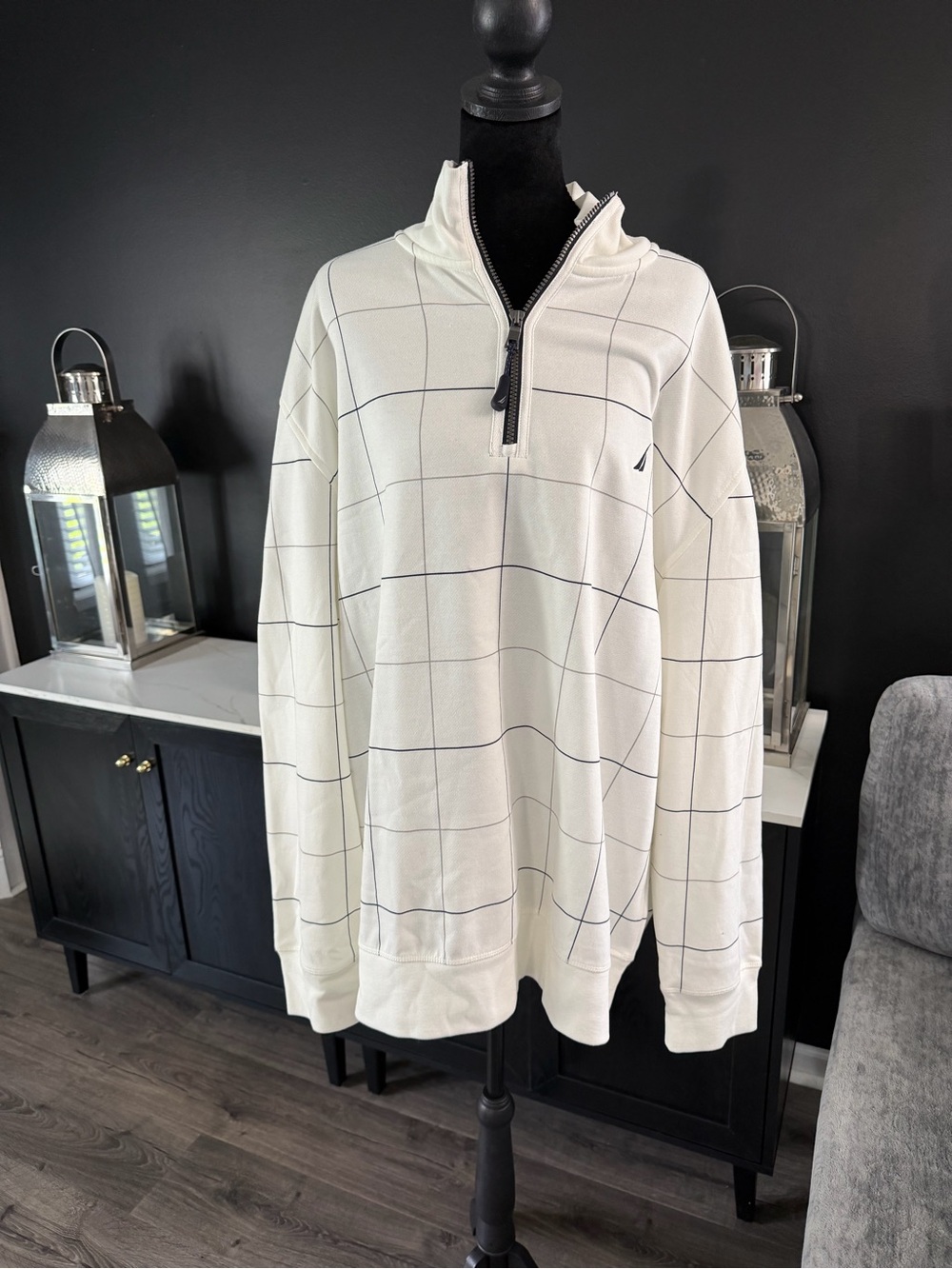 Nautica Quarter Zip Pullover XXL Men’s White Grid Pattern Fleece Sweatshirt NWT - Picture 2 of 5